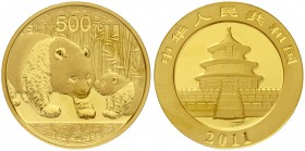 China
Volksrepublik, seit 1949
500 Yuan GOLD 2011. Panda mit Jungtier. 1 Unze Feingold, verschweißt.
Stempelglanz