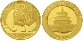 China
Volksrepublik, seit 1949
200 Yuan GOLD 2011. Panda mit Jungtier. 1/2 Unze Feingold, verschweißt.
Stempelglanz