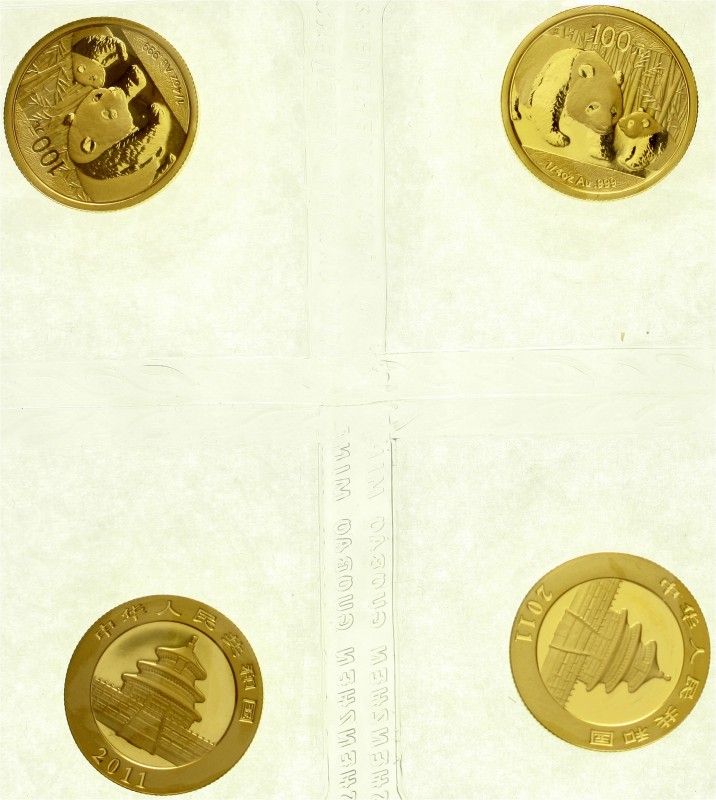 China
Volksrepublik, seit 1949
4 X 100 Yuan GOLD 2011. Panda mit Jungtier. Jew...