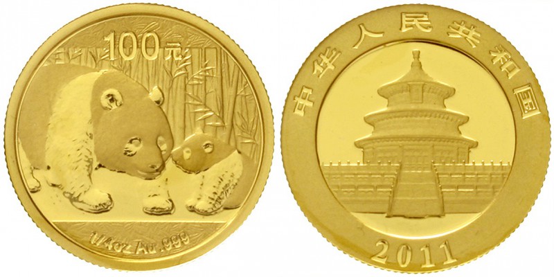 China
Volksrepublik, seit 1949
100 Yuan GOLD 2011. Panda mit Jungtier. 1/4 Unz...