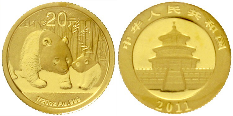 China
Volksrepublik, seit 1949
20 Yuan GOLD 2011. Panda mit Jungtier. 1/20 Unz...