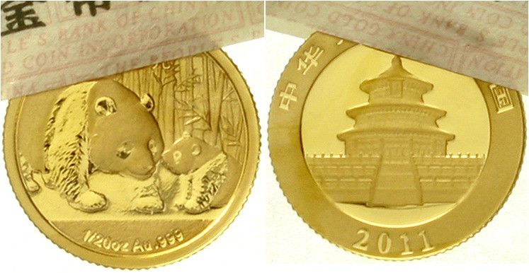 China
Volksrepublik, seit 1949
20 Yuan GOLD 2011. Panda mit Jungtier. 1/20 Unz...