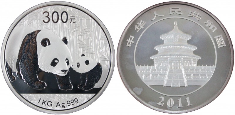 China
Volksrepublik, seit 1949
300 Yuan 1 Kilo Silbermünze 2011. Panda mit Jun...