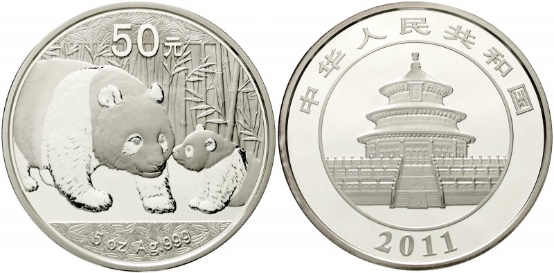 China
Volksrepublik, seit 1949
50 Yuan 5 Unzen Silbermünze 2011. Panda mit Jun...