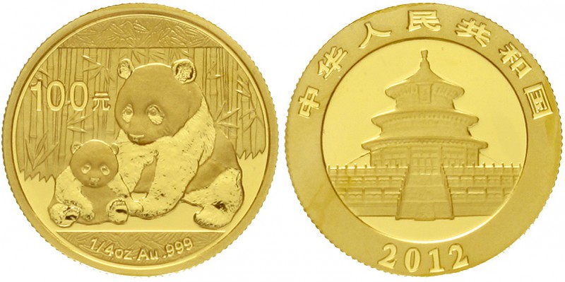 China
Volksrepublik, seit 1949
100 Yuan GOLD 2012. Panda mit Jungtier. 1/4 Unz...