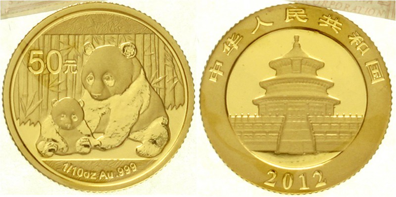 China
Volksrepublik, seit 1949
50 Yuan GOLD 2012. Panda mit Jungtier. 1/10 Unz...