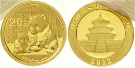China
Volksrepublik, seit 1949
20 Yuan GOLD 2012. Panda mit Jungtier. 1/20 Unze Feingold, verschweißt.
Stempelglanz