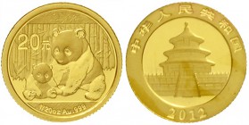 China
Volksrepublik, seit 1949
20 Yuan GOLD 2012. Panda mit Jungtier. 1/20 Unze Feingold, verschweißt.
Stempelglanz