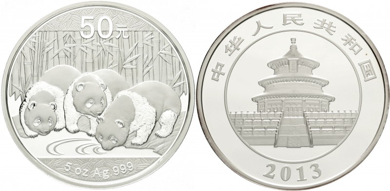 China
Volksrepublik, seit 1949
50 Yuan 5 Unzen Silbermünze 2013. Panda mit zwe...