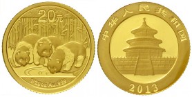 China
Volksrepublik, seit 1949
20 Yuan GOLD Panda 2013. Panda mit zwei Jungen beim Trinken. 1/20 Unze Feingold, verschweißt.
Stempelglanz