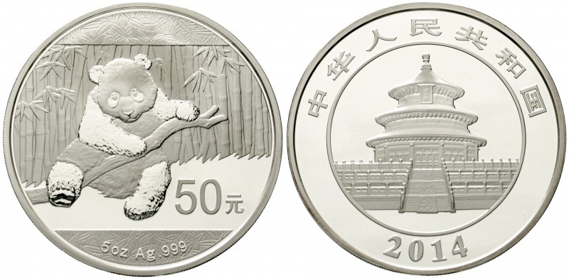 China
Volksrepublik, seit 1949
50 Yuan 5 Unzen Silbermünze 2014. Panda am Baum...