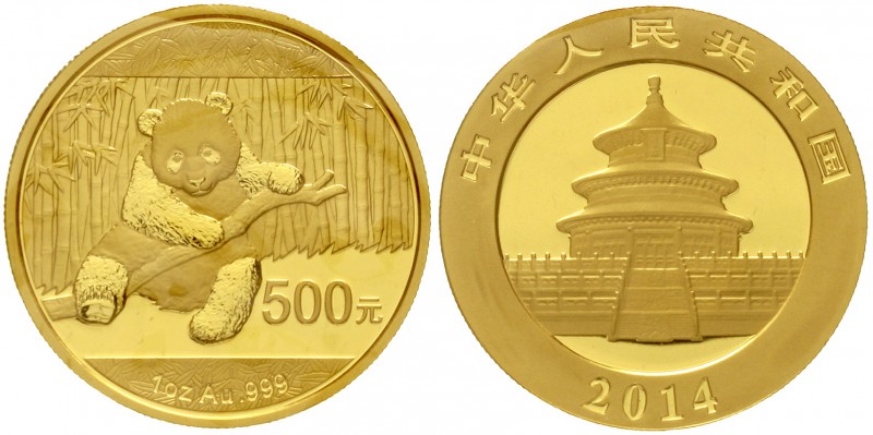 China
Volksrepublik, seit 1949
500 Yuan GOLD 2014. Panda. 1 Unze Feingold, ver...