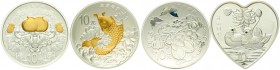 China
Volksrepublik, seit 1949
4 X 10 Yuan Silber, Serie Auspicious Culture Glückssymbole 2015. Koi-Karpfen, Mandarinenten und Lotusblüte, Pfirsiche...