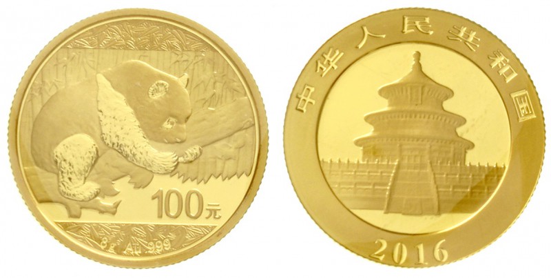 China
Volksrepublik, seit 1949
100 Yuan Panda GOLD 2016. 8 g.Feingold. Verschw...