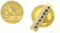 China
Volksrepublik, seit 1949
100 Yuan Panda GOLD 2016. 8 g.Feingold. Verschweißt.
Stempelglanz
