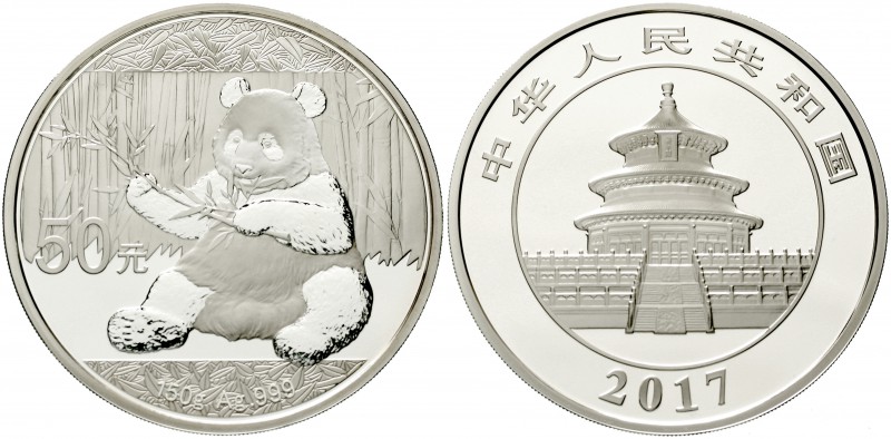 China
Volksrepublik, seit 1949
50 Yuan Panda Silbermünze 2017. 150g. Feinsilbe...