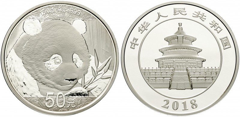 China
Volksrepublik, seit 1949
50 Yuan Panda Silbermünze 2018. 150 g. 999er Si...