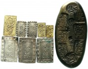 Japan
Lots
Schöne Sammlung von 9 Münzen: 2 X 1 Shu, 3 X 1 Bu Silber, 2 X 2 Shu, 1 X 2 Bu GOLD, Ansei Chogin Billon (Hartill 9.57, dieser ohne Obligo...