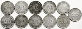 Malaysia
Straits Settlements
Sammlung von 11 verschiedenen 20 Cents aus 1891 bis 1901. Darunter auch die bei KM nicht verzeichnete Variante "wide da...