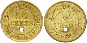 Niederländisch-Ostindien
Malay. Kedeh Onderneming Simpang-Tiga
50 Cents Token Messing o.J.(1890/1895). Übliches quadratisches Entwertungsloch.
vorz...