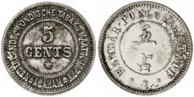 Niederländisch-Ostindien
Nederlandsch-Indische Tabaks Maatschappy Asahan
5 Cents Silberabschlag o.J.(1891/1897). Bandar Poeloe Estate. 1,94 g.
Poli...