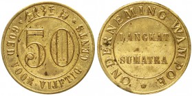Niederländisch-Ostindien
Onderneming Wampoe Langkat Sumatra
50 Cents Token Messing o.J.(1900/1906). vorzüglich/Stempelglanz, selten