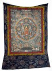 Tibet
Großer Seiden-Wandbehang. Rechteckige, mehrfarbige Bildfläche auf blauem Untergrund mit Blumen und div. Zeichen. Auf dem Bild Darstellungen aus...
