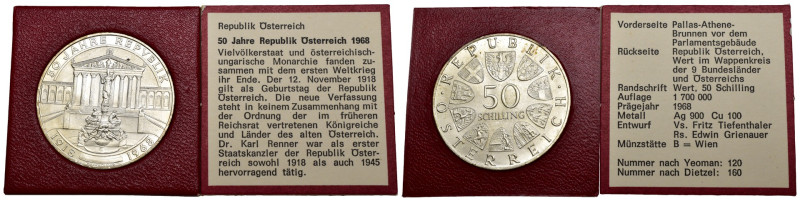 Austria - 50 Schilling 1968 - 50° anniversario della Repubblica - Ag - in folder...
