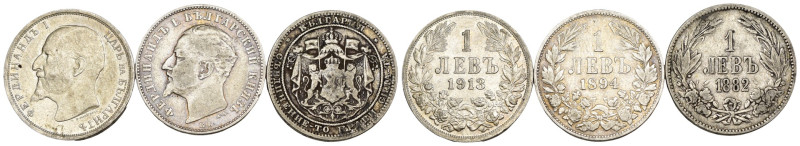 Bulgaria - Lotto di 3 monete: 1 Leva 1913 Ag KM#31 - 1 Leva 1882 Ag KM#4 - 1 Lev...