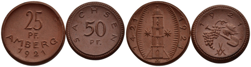 Germania - Notgeld - Lotto di 2 monete: Città di Amberg 25 Pfennigs 1921 Porcell...