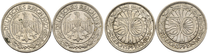 Germania - Lotto di 2 monete da 50 Reichspfennig 1927-1928 A (Berlino) Ni KM#49...