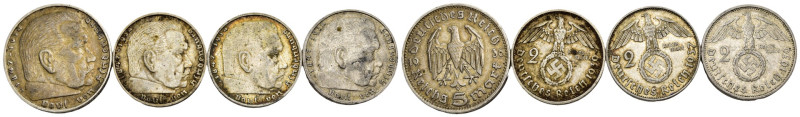 Germania - Lotto di 4 monete: 5 Reichsmark "Paul von Hindenburg" 1936 D (Monaco)...