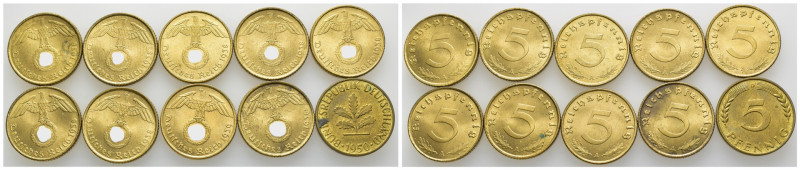Germania - Lotto di 10 monete: 9 esemplari da 5 Reichspfennig 1936-1938-1939 A (...