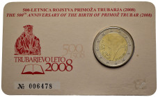 Slovenia - 2 Euro 2008 - 500° Anniversario della Nascita Primoz Trubar - Bimetallico: centro in nickel rivestito di ottone al nichel con anello in ram...