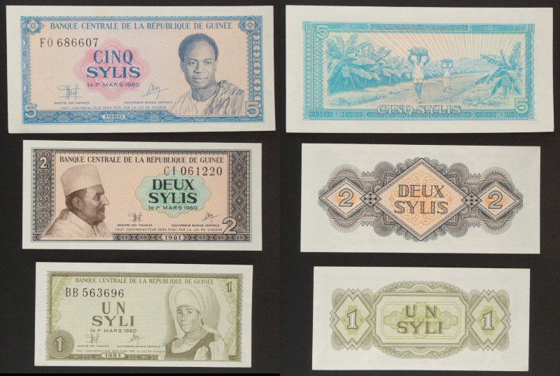 Guinea - Lotto di 3 banconote: 5 Sylis 1980 P#22 - 2 Sylis 1981 P#21 - 1 Syli 19...