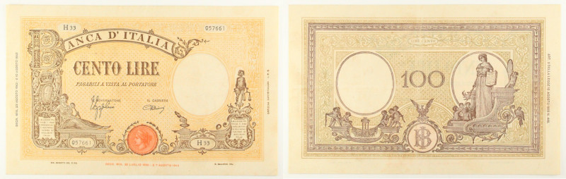 Regno d'Italia - banconota 100 Lire Grande "B" (B.I.) 23/08/1943 - Gigante BI 22...