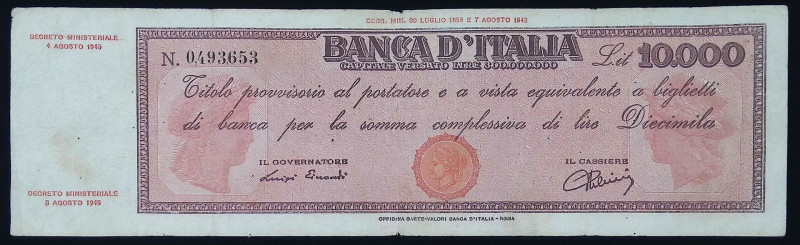 Luogotenenza - 10.000 Lire Titolo Provvisorio (Testina) - 04/08/1945 - RARISSIMA...