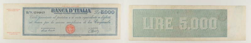Repubblica Italiana - banconota 5000 Lire "Titolo provvisorio Medusa" 8/9/1947 -...