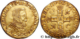 HENRY II
Type : Double henri d'or, 1er type (faux d’époque) 
Date : 1557 
Mint name / Town : La Rochelle 
Metal : gold 
Millesimal fineness : 958  ‰
D...