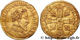 HENRY II
Type : Henri d'or, 2e type 
Date : 1555 
Mint name / Town : Bordeaux 
Quantity minted : 400 
Metal : gold 
Millesimal fineness : 958  ‰
Diame...