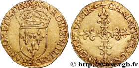 CHARLES IX
Type : Écu d'or au soleil, 1er type 
Date : 1565 
Mint name / Town : La Rochelle 
Quantity minted : 15616 
Metal : gold 
Millesimal finenes...