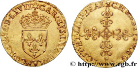 CHARLES IX
Type : Écu d'or au soleil, 1er type 
Date : 1567 
Mint name / Town : Tours 
Quantity minted : 4661 
Metal : gold 
Millesimal fineness : 958...