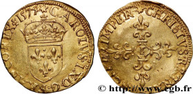 CHARLES IX
Type : Écu d'or au soleil, 1er type 
Date : 1574 
Mint name / Town : Nantes 
Quantity minted : 2200 
Metal : gold 
Millesimal fineness : 95...