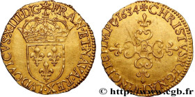 LOUIS XIII
Type : Écu d'or au soleil, à la croix anillée fleurdelisée 
Date : 1634 
Mint name / Town : Rouen 
Quantity minted : 76600 
Metal : gold 
M...