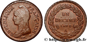 CONSULATE
Type : Un décime Dupré, grand module 
Date : An 8 (1799-1800) 
Mint name / Town : Paris 
Quantity minted : 17593770 
Metal : copper 
Diamete...