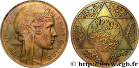 MOROCCO - FRENCH PROTECTORATE
Type : 5 Dirhams essai laiton Morlon AH 1349 
Date : n.d. 
Quantity minted : - 
Metal : brass 
Diameter : 32,24  mm
Orie...