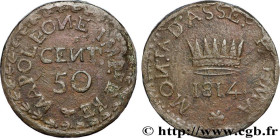SIEGE OF PALMANOVA
Type : 50 centesimi 
Date : 1814 
Metal : bronze 
Diameter : 28,5  mm
Orientation dies : 6  h.
Weight : 13,00  g.
Edge : brute 
Rar...