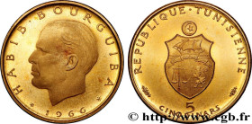 TUNISIA
Type : 5 Dinars Proof Habib Bourguiba 
Date : 1966 
Mint name / Town : Paris 
Quantity minted : 3031 
Metal : gold 
Millesimal fineness : 900 ...