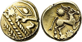 GALLIEN. NORDGALLIEN UND GALLIA BELGICA. Bellovaci. Stater ø 18mm (5.88g). Ab 57 v. Chr. Vs.: Stilisierter Kopf mit mandelförmigem Auge u. Stern anste...