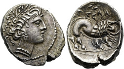 OBERITALIEN. Massaliotische Imitationen. Drachme ø 17mm (3.00g). 2. Jh. v. Chr. Vs.: Artemiskopf n. r. Rs.: Barbarisierter Löwe n. r., darüber Trugleg...
